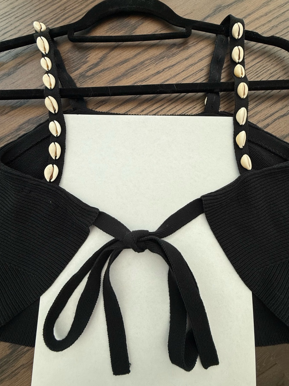 STAUD Black Ribbed Knit Crop Top with Ivory Shells - Picture 3 of 4